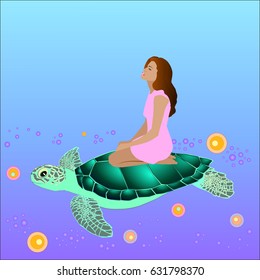 vector drawing, the girl floats on a turtle