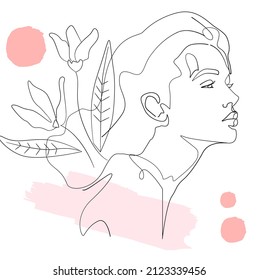 Vector drawing of a girl, flowers. Spring fashionable, line drawing. For a fashionable postcard, for a holiday, poster