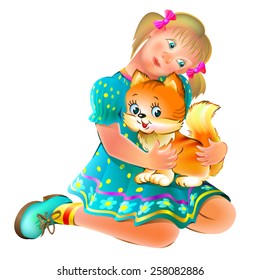 Vector drawing of girl and ginger funny cat