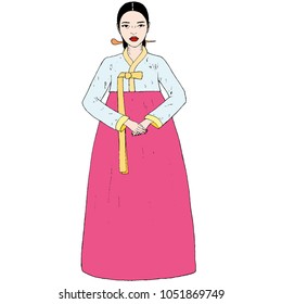 
Vector drawing of a girl in hanbok, Korean folk clothes, hand drawn illustration