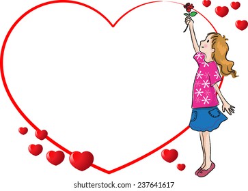 vector drawing girl with heart shape border frame
