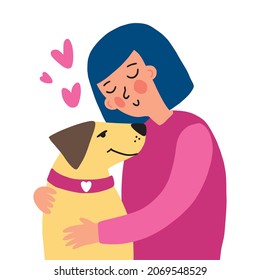 Vector drawing of a girl hugging a dog