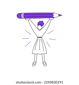 Vector drawing of a girl isolated on a white background. The student is holding a huge pencil in her hands.