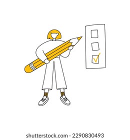 Dibujo vectorial de una niña aislada en un fondo blanco con una lista. La estudiante tiene un enorme lápiz en las manos.