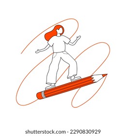 Vector drawing of a girl isolated on a white background. The student flies on a huge pencil.