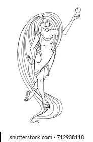 vector drawing girl with long hair and apples