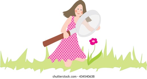 Vector drawing of a girl with 
magnifying glass