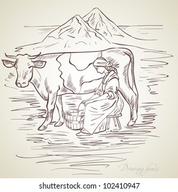 vector, drawing, the girl milks a cow