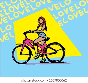 Vector drawing with a girl on a bicycle.
