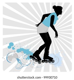 Vector drawing a girl on roller-skates. Silhouettes on a white background