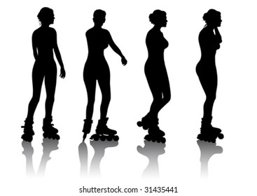 Vector dibujando a una chica en patines. Silueta aislada sobre fondo blanco