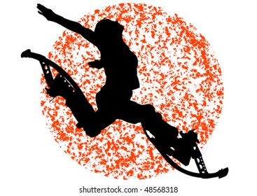 Vector drawing girl on stilts in a jump. Silhouette in the sun