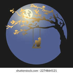 Vector drawing Girl on a swing under the moon
