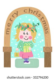Vector drawing a girl on the threshold with gifts for your design