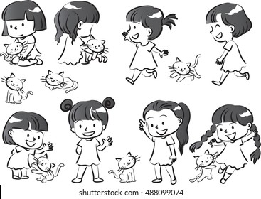 vector drawing girl playing with cat set