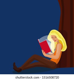 Vector drawing, girl reads a book under a tree