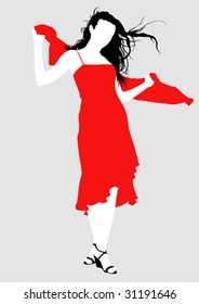 Vector drawing girl in red dress, silhouette against a white background