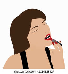 
Dibujo vectorial de una chica con labios rojos y pintalabios rojos. Cosmética