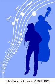 Vektorgrafik Mädchen singen und mit einem Mikrofon. Silhouetten auf blauem Hintergrund
