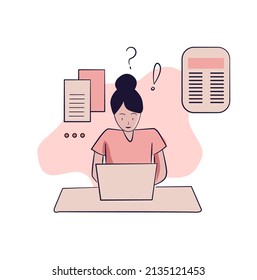 Vector drawing of a girl, sitting at the computer, working. Makes a report