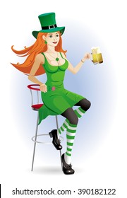 Vector drawing a girl sitting on a bar chair with a mug of beer on St. Patrick's Day