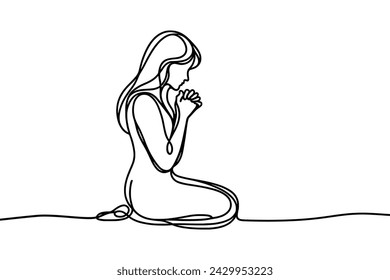 Vector drawing of a girl that prays, continuous line, on white background.