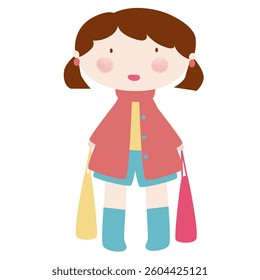 vector drawing, girl walking with two bags in her hands