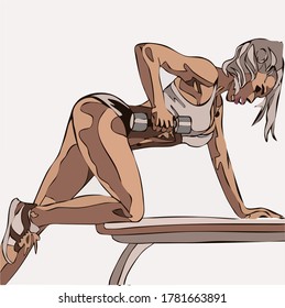 vector drawing of a girl who is engaged in fitness pumped figure long hair