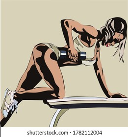 vector drawing of a girl who is engaged in fitness pumped figure long hair