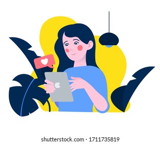 Vector drawing of a girl who uses a tablet to work or stay at home in smart working.