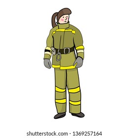 Vector drawing, girl working as a fireman, an unusual female profession