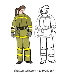 Vector drawing, girl working as a fireman, an unusual female profession