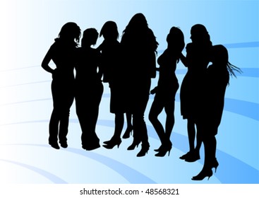 Dibujo vectorial de niñas vestidas. Siluetas de fondo azul