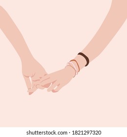 Dibujo vectorial de la mano de una niña en la mano de un hombre sobre un fondo pastel. El tipo levanta suavemente la mano de la chica. El concepto de amor, ayuda, apoyo, amistad, romance en un estilo plano, caricatura.