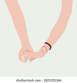 Dibujo vectorial de la mano de una niña en la mano de un hombre sobre un fondo pastel. El tipo levanta suavemente la mano de la chica. El concepto de amor, ayuda, apoyo, amistad, romance en un estilo plano, caricatura.