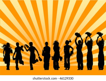 Vector drawing girls perform gymnastic exercises. Silhouettes on color background