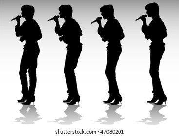 Vector dibujando chicas cantando con un micrófono. Silhouettes