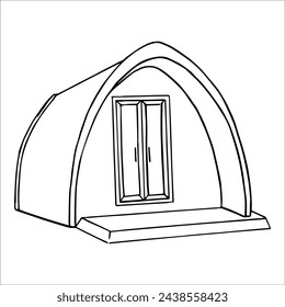 Vector drawing of glamping resorts with bubble, wooden and glass houses, comfortable outdoor recreation. Doodle graphics of a hike in nature, background of mountains and fields, steppes. Human tourist