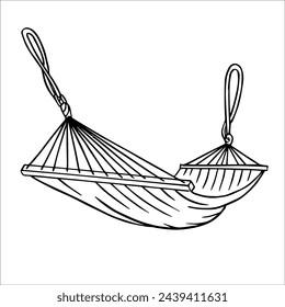 Vector drawing of glamping resorts, rag hammock, comfortable home, outdoor recreation. Doodle graphics for camping in nature. Human tourists in a luxury glamorous premium campsite.