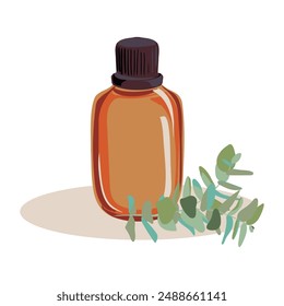 Botella de vidrio de dibujo de Vector con aceite esencial y planta de eucalipto aislado en fondo blanco, ilustración dibujada a mano