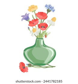 vector drawing glass bottle with wild flowers, bouquet with poppy, daisy, cornflower, bellflower and buttercup, isolated at white background, hand drawn illustration