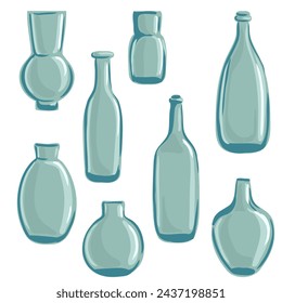 vector drawing glass bottles and vases isolated at white background, hand drawn illustration