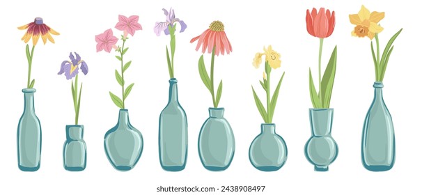vector drawing glass bottles and vases with garden flowers isolated at white background, hand drawn illustration