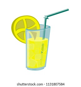 vector drawing of a glass high glass with a lemonade with ice and a tube. The glass is clear and the ice is visible through it.