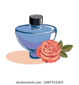 vector drawing glass perfume bottle and flower of red rose , isolated at white background, hand drawn illustration