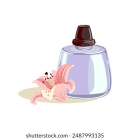 vector drawing glass perfume bottle and flower of pink lily , isolated at white background, hand drawn illustration