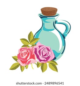 vector drawing glass perfume bottle and flower of red rose , isolated at white background, hand drawn illustration