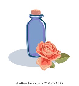 vector drawing glass perfume bottle and flower of red rose , isolated at white background, hand drawn illustration