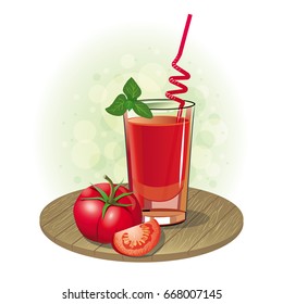 Vector drawing of a glass of tomato juice and red tomato