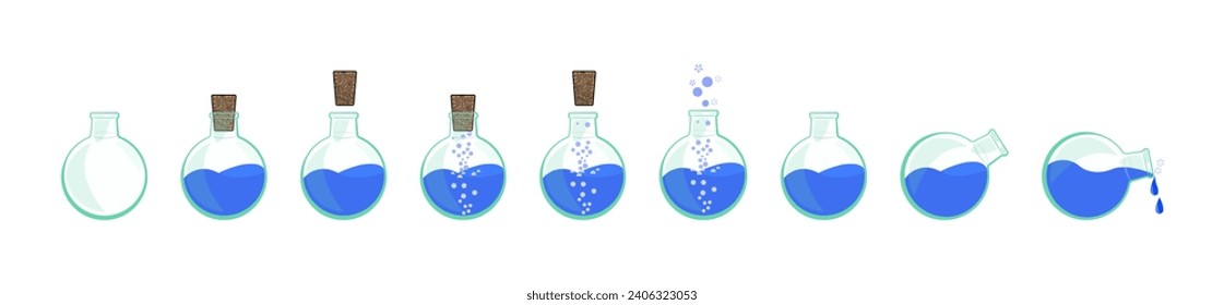 Vector drawing of glass tubes, flasks for chemical experiments. Glass flask for alchemy, magic drinks. A set of flasks for the design of magical rituals. Potion bottles